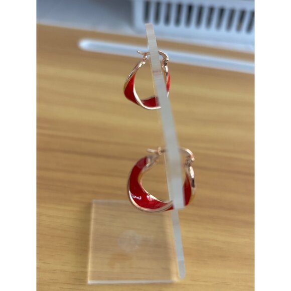 Red & Gold Tone Hoop Earrings With Twist Design - Picture 2 of 5